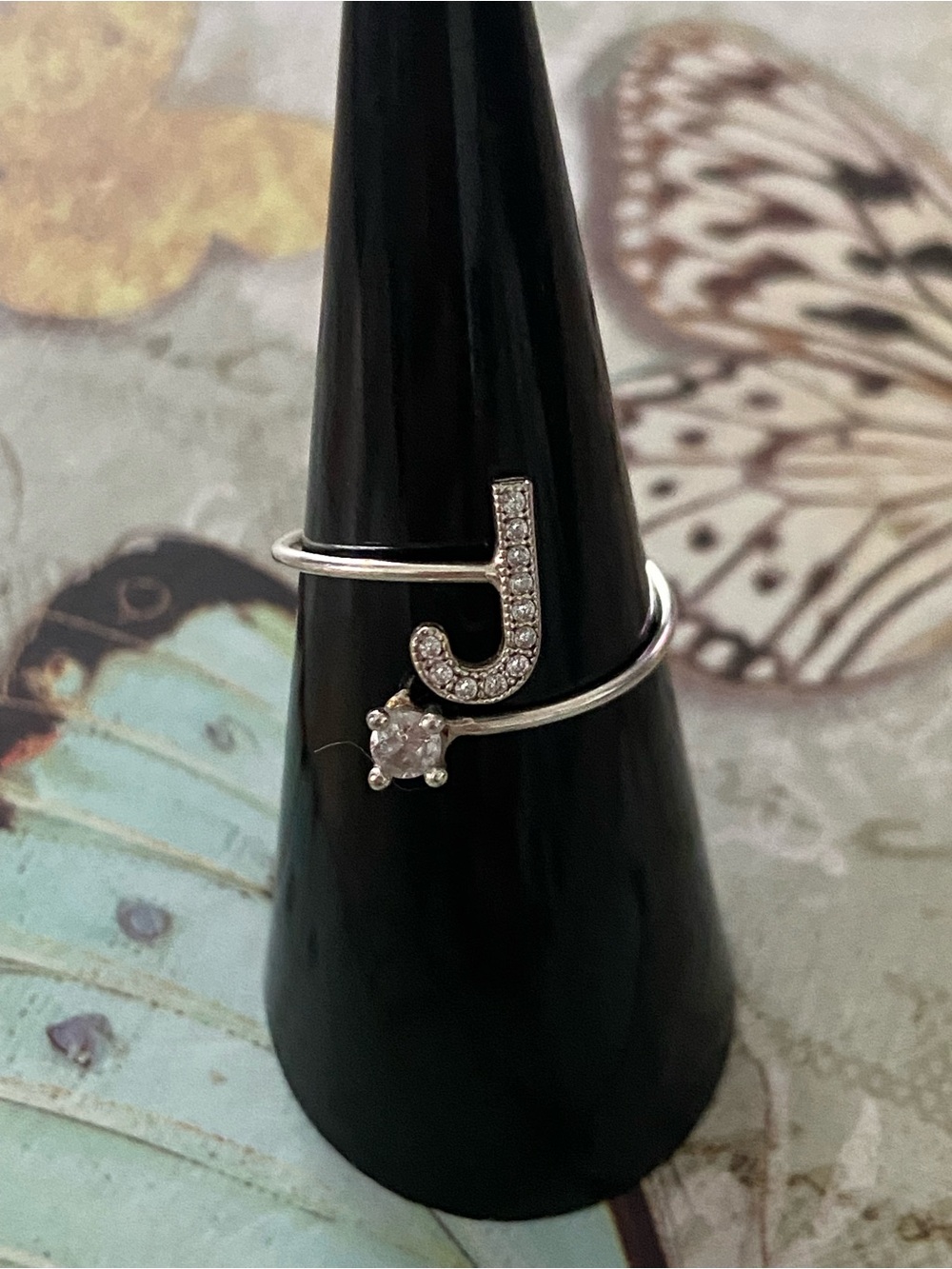 Sterling Silver 925 Initial 'J' Ring with Cubic Zirconia Accent